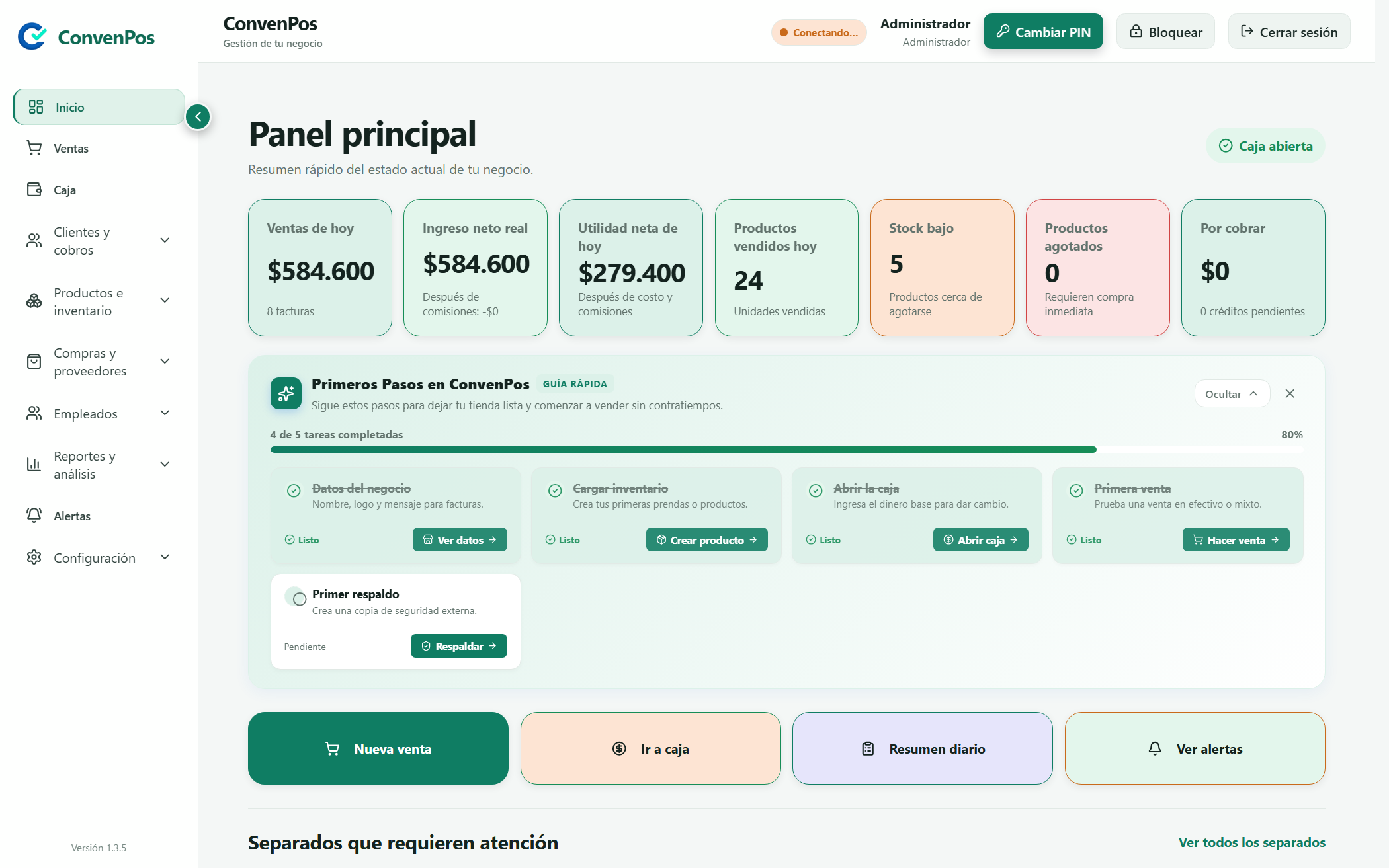 Panel principal de ConvenPos con las ventas del día, la utilidad y las alertas de stock bajo