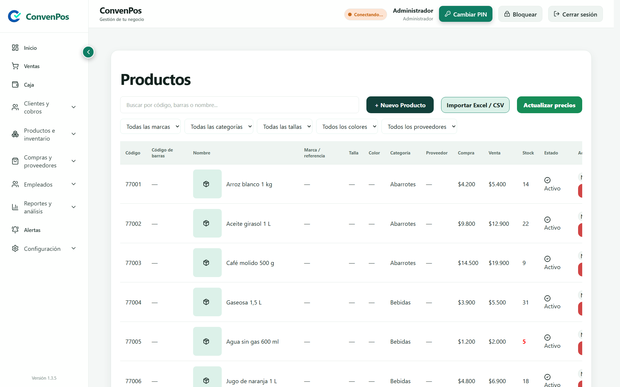 Lista de productos con categoría, precios de compra y venta, y stock